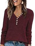 MixShe Tunic Tops for Women Long Sleeve Shirts for Women Button Down Dressy Casual Crew Neck Pullover Sweaters Burgundy Small