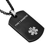 LiFashion LF Stainless Steel TYPE 1 DIABETIC Medical Alert Dog Tag ID Pendant Caduceus necklace for Men Women Teens Health Alert Monitoring Systems,Black
