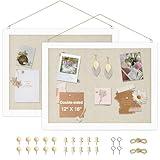 AMUSIGHT 2-Pack Double-Sided Cork Board with Linen, 16" x 12" Hanging Wood Framed Bulletin Board, Picture Display Vision Board Kit Corkboards for Wall School Office Decor, 20 Pushpins (Vintage White)