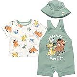 Disney Lion King Simba Timon Pumbaa Newborn Baby Boys French Terry Short Overalls T-Shirt & Hat 3 Piece Outfit 6-9 Months