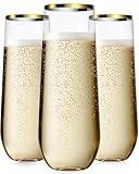 Maaacute 24 Pcak Champagne Flutes Plastic, 9 Oz Disposable Stemless Mimosa Gold Rim Toasting Glasses, Clear Crystal Plastic Cocktail Cups for Party Wedding Birthday