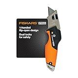 Fiskars Pro Retractable Folding Utility Knife, Box Cutter with Long-Lasting CarbonMax Razor Blade and Dual Lock Safety, Orange/Black