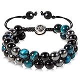 Triple Protection Bracelet - for Protect & Balance - Energy Crystal Bracelets for Men Women - Bring Good Luck & Prosperity - Tiger Eye Hematite & Black Obsidian Jewelry Natural Stone Healing Bracelet