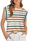 WIHOLL Womens Tops Dressy Casual Cute Spring Break Essentials Summer Tops for Women 2025 Fashion Trendy Cap Short Sleeve Shirts and Blouses Orange Stripes M
