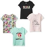 Amazon Essentials Disney | Marvel | Star Wars | Frozen | Princess Girls' Short-Sleeve T-Shirts, Pack of 4, Black/Green/Pink/Princess Power, Medium