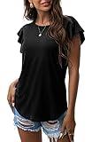 PrinStory Women's Tops Summer Casual Ruffle Short Sleeves Knit Shirts Round Neck Tunic Top for Women 2025 Fashion Trend Black US XL