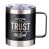 Christian Art Gifts Trust In The Lord Stainless Steel Black Mug with Proverbs 3:5 - Camp Style Travel Mug, Christian Mug for Men (11oz Double Wall Vacuum Insulated Coffee Mug with Lid and Handle)
