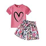 HSOXLQF Kids Girl Clothes Heart Print Short Sleeve Top and Floral Shorts Cute Girl Summer Outfits Short Set(4-5T)