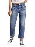 Flamingals Straight Leg Jeans for Women Cropped Mid Rise Stretchy Baggy Jean Wash Raw Hem Trendy Ankle Pants Navy Blue XL