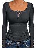 Kissfix Womens Long Sleeve Shirts Going Out Fall Clothes Casual Henley Tops Ribbed Knit Blouses Fashion Trendy Outfits Black Grey M