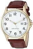 Amazon Essentials Men's Easy to Read Strap Watch, Gold-Tone and Brown Strap
