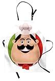 Lunarable Italian Flag Apron, Cartoon Chef Mustache Cuisine European Pizza Pasta Yummy Design, Unisex Kitchen Bib with Adjustable Neck for Cooking Gardening, Adult Size, Peach Red