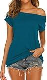 Halife Womens Summer Clothes 2024 Trends Off Shoulder Tops Dressy Casual Short Sleeve Peacock Blue XL