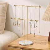 pickpiff Necklace Holder Stand: 2 Tier Jewelry Organizer with Marble Base, Gold Jewelry Tree Display for Bracelets, Rings, Earrings