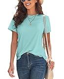 KevaMolly Basic Light Blue T Shirts for Women UPF 50+ Short Sleeve Casual Solid Summer Tops Trendy Solid Loose Fit Tshirt L