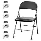 4 Pack Folding Chairs with Leather Padded Cushion Seats & Durable Metal Frame, Comfortable, Foldable, Portable, Commercial Event Seat, Indoor Outdoor Gift for Parties, Home, Office, Vinyl Black
