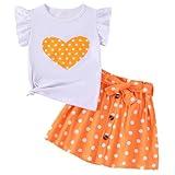 Ayzozuy Kids Girls Toddler Girls Clothing Heart Print T Shirt Top + Polka Dot Shorts with Belt Cute Skirts Summer Short Set(5-6T)
