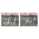 Andaz Press Wedding Party Signs, Rustic Gray Wood Pink Floral Flowers, 8.5x11-inch, He Asked, She Said Yes! Engagement Save the Date Photoshoot Signs, 2-Pack, Unframed
