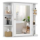 Tangkula Bathroom Medicine Cabinet with Mirror, Wall Mounted Home Storage with Door & 6 Open Shelves, Adjustable Shelves, Mirrored Bathroom Wall Cabinet (White)