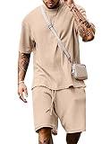 Babioboa Men's Tracksuit T Shirt Sirt and Shorts Set Solid Waffle Jersey Tee Short Suit 2 Piece Outfits(Khaki,XXL)