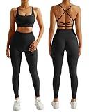 RXRXCOCO Ribbed Workout Sets for Women 2 Piece Backless Strappy Sports Bra Seamless Leggings Matching Set Yoga Outfits Black Large