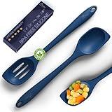 HOTEC Heat Resistant Silicone Cooking Spoon Spatula, BPA Free Large Kitchen Solid and Slotted Spoons for Mixing, Serving, Scraping, Non-stick, Dishwasher Safe Classic Blue 12.5inch