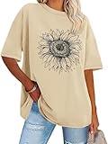 Womens Oversized Tshirt Graphic Tees Crew Neck Summer Short Sleeve Loose Fit Tops (A-Sunflower Print Khaki, L)
