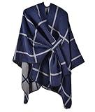 Favorland Women's Plaid Fall Winter Blanket Wrap Poncho Cape Cardigan Shawls(Navy)
