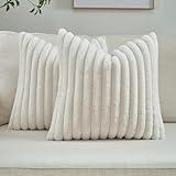 FUTEI Cream White Striped Decorative Throw Pillow Covers 18x18 Inch Set of 2,Square Fall Decorations Couch Pillow Case,Soft Cozy Faux Rabbit Fur & Velvet Back,Modern Home Decor for Bed
