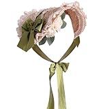 Besforta Girls Women Victorian Lolita Flat Bonnet Cap Tea Party Sun Hat Lace Bows Flower Ribbons Straw Hats Green