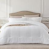 Quataly White Queen Comforter Set - 3 Pieces Seersucker Lightweight Bedding Comforter Sets (1 Soft Fluffy Comforter & 2 Pillowcases) - All Seasons Cozy Modern Bed Sets