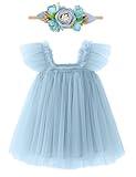 Baby Girl First Birthday Outfit Cake Smash Tulle Dresses 1st Birthday Dress with Flower Headband, Dusty Blue, 12 Months=Tag 90