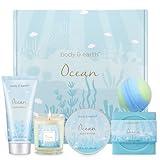 Gifts for Women, Bath and Body Womens Gift Sets with 5 Pcs Ocean Scented Spa Gifts for Women Bath Gift with Scented Candle Body Butter Hand Cream Bath Bomb Christmas Gifts