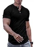 JMIERR Mens Muscle Slim Fit Button Henley Shirts Summer Crewneck Short Sleeve Longline Fitted T-Shirt Gym Workout Athletic Tee Shirt for Men, XL, Black