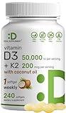 DEAL SUPPLEMENT Vitamin D3 50,000 IU + K2 MK7 200mcg Softgels, 240 Count | 2-in-1 Complex with Virgin Coconut Oil | Supports Heart, Bone, Teeth & Immune Health | Easy to Swallow