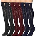 Tipi Toe Women's 3-Pairs Dark Colored Deep Shadowy Fashion With Buttons Comfortable Winter Warm Knee High Cotton-Blend Boot Socks, KH01-B-T1