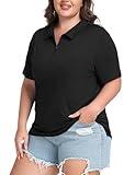MoFiz Women's Plus-Size Activewear Polo Short Sleeve Golf Shirts Loose fit Oversized Zip-Up Running T Shirt Breathable for Summer Black 3XL