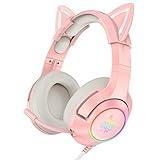 SIMGAL Pink Gaming Headset with Mic, Compatible with PS4 PS5 Xbox One(Adapter Not Included) PC Mobile Phone, Removable Cat Ear Surround Sound Headphone with RGB for Girls Women