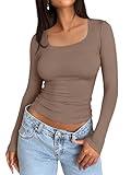 Trendy Queen Womens Long Sleeve Shirts Crop Tops Basic Tight Slim Fit Y2K T Shirts Winter Clothes 2024 Coffee Grey S