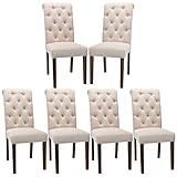 COLAMY Button Tufted Dining Chairs Set of 6, Accent Parsons Diner Chair Upholstered Fabric Dining Room Chairs Stylish Kitchen Chairs with Solid Wood Legs and Padded Seat - Dark Beige