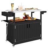 Outsunny Outdoor Bar Cart with Storage Cabinet, Stainless Steel Top Kitchen Island on Wheels, HDPE Outdoor Bar Table, Movable Patio Beverage Food Prep Table for BBQ Picnic, Black