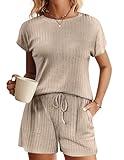 Ekouaer Pajamas Set for Women 2 Piece Pjs Ribbed Knit Lounge Set Cap Sleeve Loungewear Sleepwear Khaki M