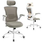Ergonomic Office Chair with Adjustable Lumbar Support & Headrest, High Back Mesh Desk Chair with Flip-Up Armrests, Breathable & Comfortable Computer Chair for Home, Office & Study –Khaki