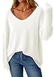 GKBK Women's V Neck Oversized Sweaters Off The Shoulder Long Sleeve Sweater Loose Fit Lightweight Soft Pullover Fall Fashion Outfits 2025 Trendy White
