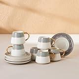 KARACA Globe Turkish Coffee Cup Set of 6, 80ml, 2.7 oz, Small Espresso Cups with Saucers, Porcelain, Black Patterns, and Gold Handles, Ideal for Serving Greek, Arabic Coffee