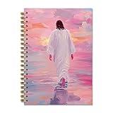 DOFQZ Jesus Walking on the Water Pink Jesus Christian Spiral Notebook Journal,Christian Jesus Church Prayer Notebook Gift for Women Girls, 5.5 x 8.3 Inches