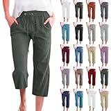 Capris for Seniors Capris Pants for Women Cotton Linen Casual Summer 2025 Straight Wide Leg Loose Drawstring Elastic Waist Cropped Trouser Linen Pants Women