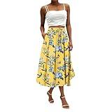 Womens Tiered Maxi Skirt, A-Line Midi Skirt with Pockets High Waist Flared Below The Knee Skirts Women's Boho Style Spring Break Essentials Long Skirts for Skirt Outfits (L, Yellow)