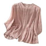 JEUROT Women's Cotton Linen Tops 3/8 Sleeve Button Down Shirts Three Quarter Length Sleeve Blouses Pleated Hem Flowy Cute Tunic Top Business Casual Outfits Summer Clothes (M) Pink