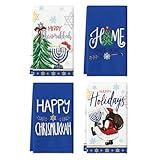 Artoid Mode Blue Santa Claus Candle Hanukkah Kitchen Towels Dish Towels, 18x26 Inch Farmhouse Xmas Trees Decoration Hand Towels Set of 4